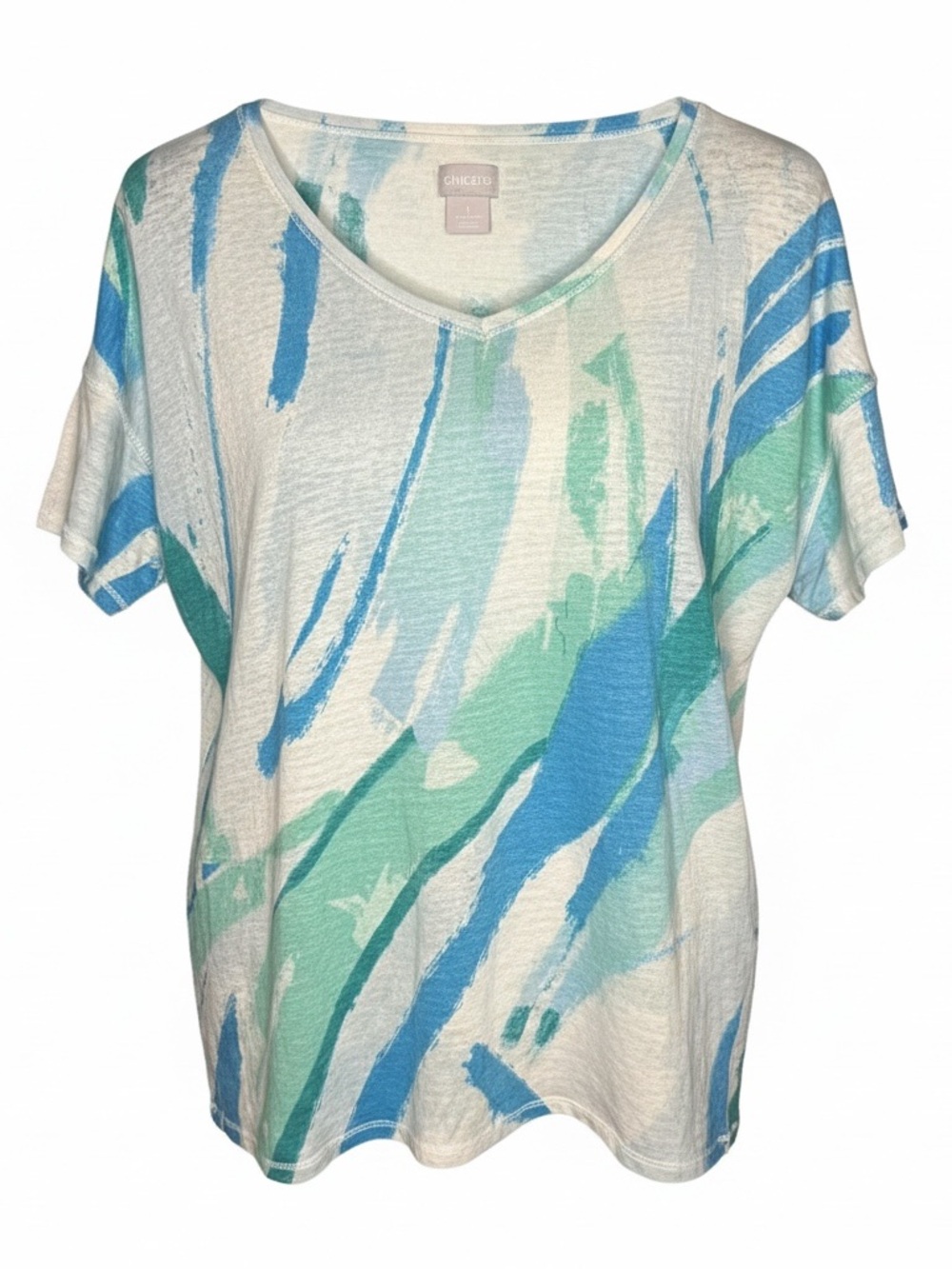 Chico’s Size 1 Medium 100% Linen Top Blue Green Abstract Print Short Sleeve